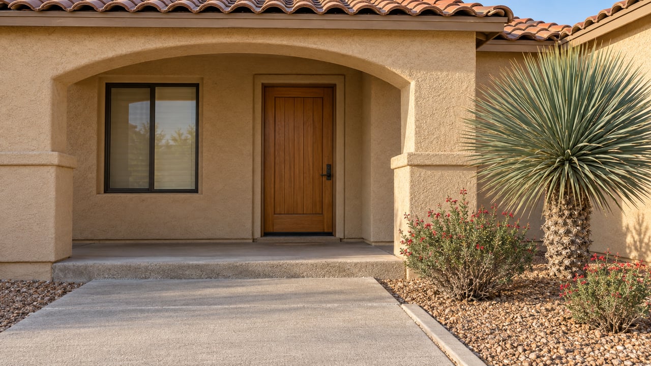 Sunlit stucco home entrance with a clay-tile porch roof, recessed wooden door, concrete walk, and sculptural blue-green yucca in gravel.