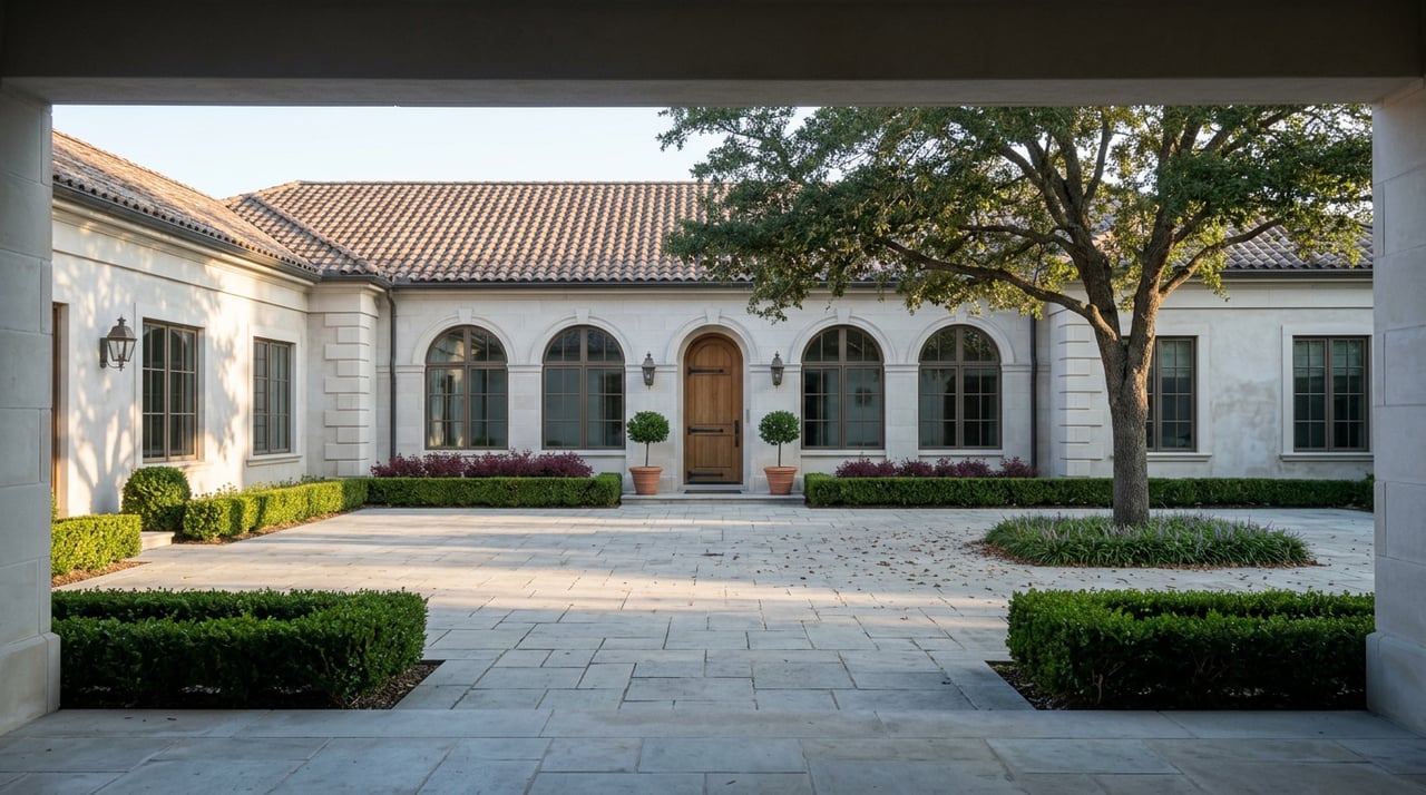 Pale stone estate facade with arched windows across a limestone motor court, framed by an oak and clipped hedges.
