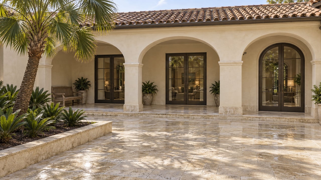 Sunlit limestone courtyard beside a cream stucco home with arched loggia, terracotta roof and a single fan palm.