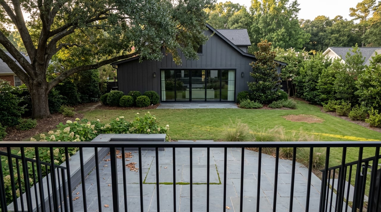 Raised deck overlooks a bluestone patio, green lawn, and charcoal-sided home beneath mature trees.