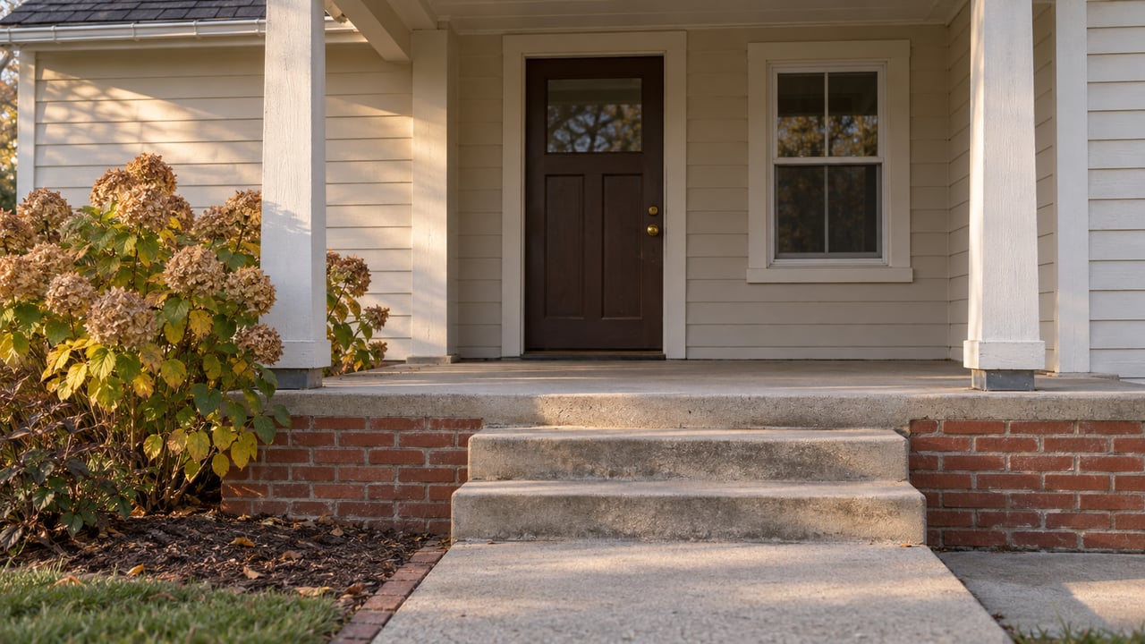 Red-brick porch base and worn concrete steps leading to a brown front door beneath a cream-painted covered entry, with autumn hydrangea beside the walk.