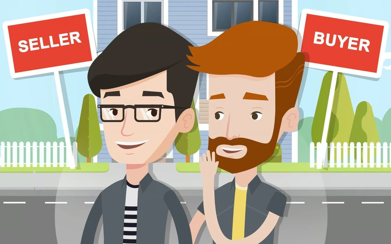 Illustration of a seller and buyer standing in front of a house.