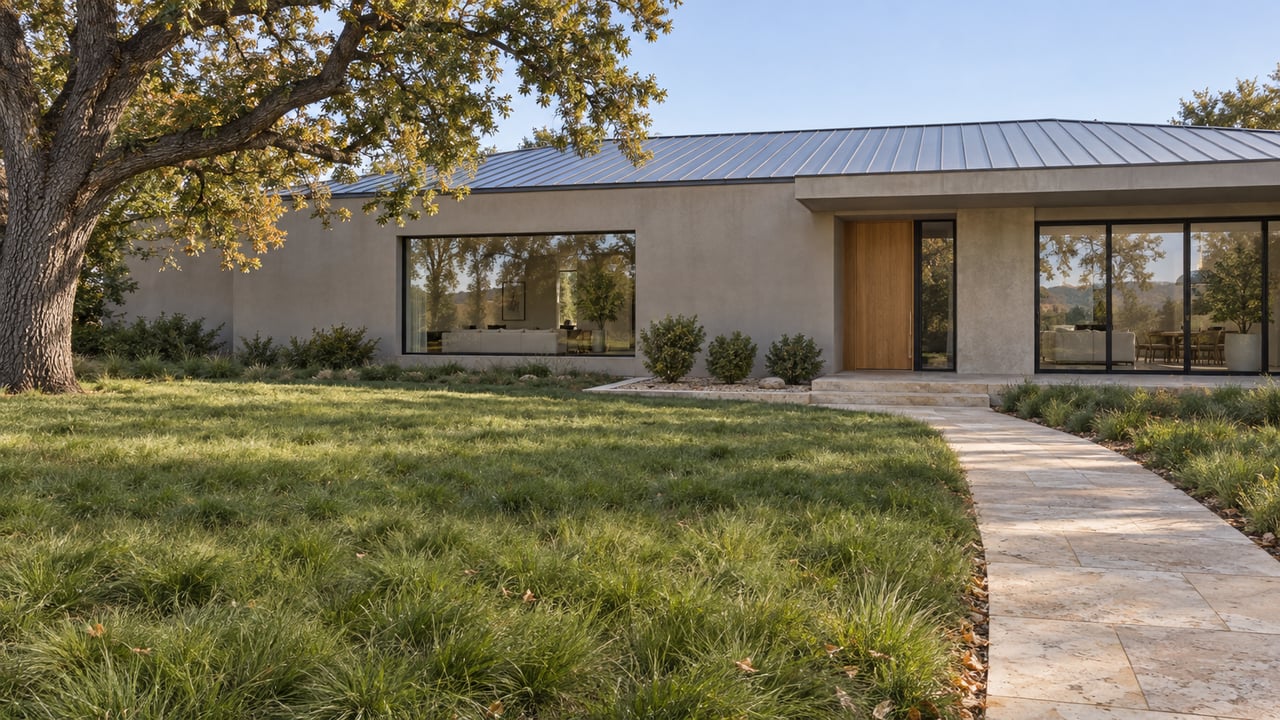 A low contemporary home with gray stucco, dark-framed glazing and a limestone approach across a spacious garden beneath a mature oak.