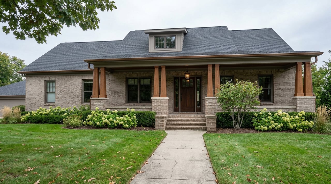 Brick craftsman bungalow with a raised porch, cedar-tone columns, dark roof, and oak canopy above a front lawn.