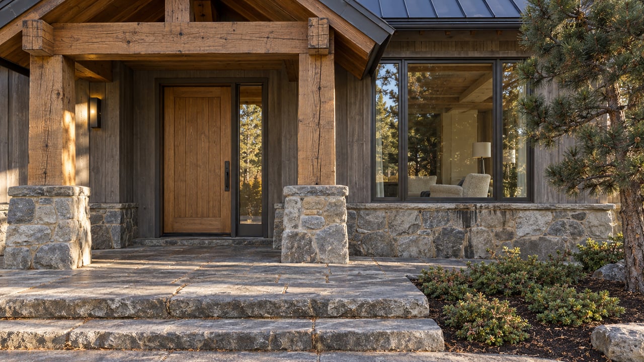 Low autumn sunlight grazes a timber-and-stone home's recessed entry, broad stone steps and a single sculptural pine.