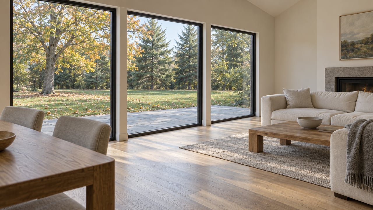 Oak dining and living area with a cream sofa and black-framed windows overlooking a stone patio and autumn trees.