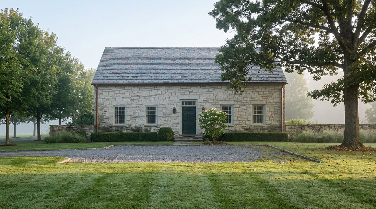 Stone farmhouse across a dew-covered lawn, with ground mist, a mature oak, and a curving bluestone drive.