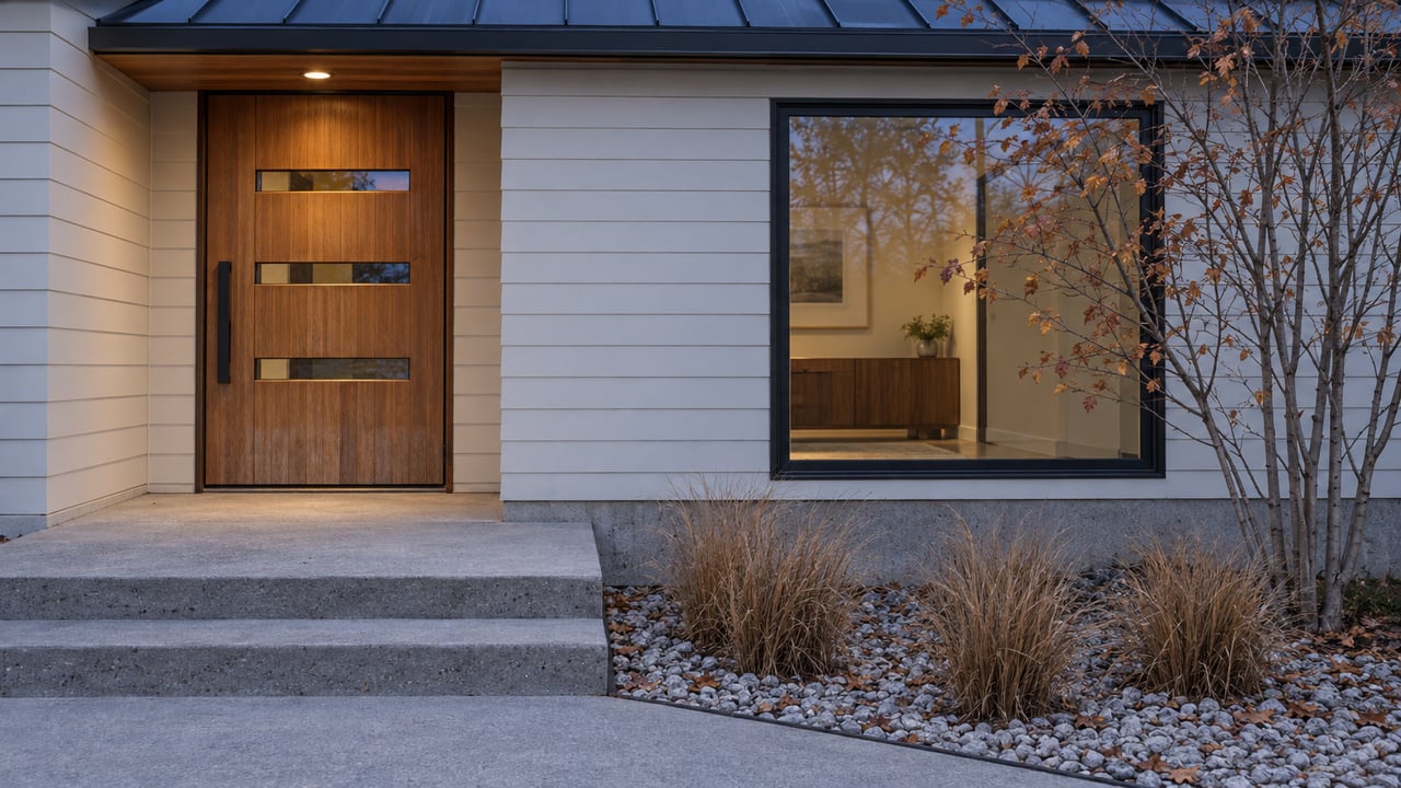 Contemporary wood entry door and black-framed window above concrete steps, with copper serviceberry leaves and tawny little bluestem at dusk.