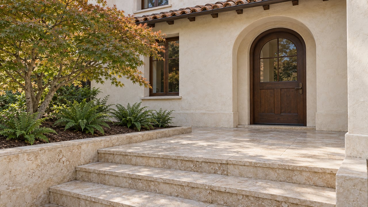 An arched oak entry, weathered limestone steps, and a Japanese maple beside an ivory stucco home.