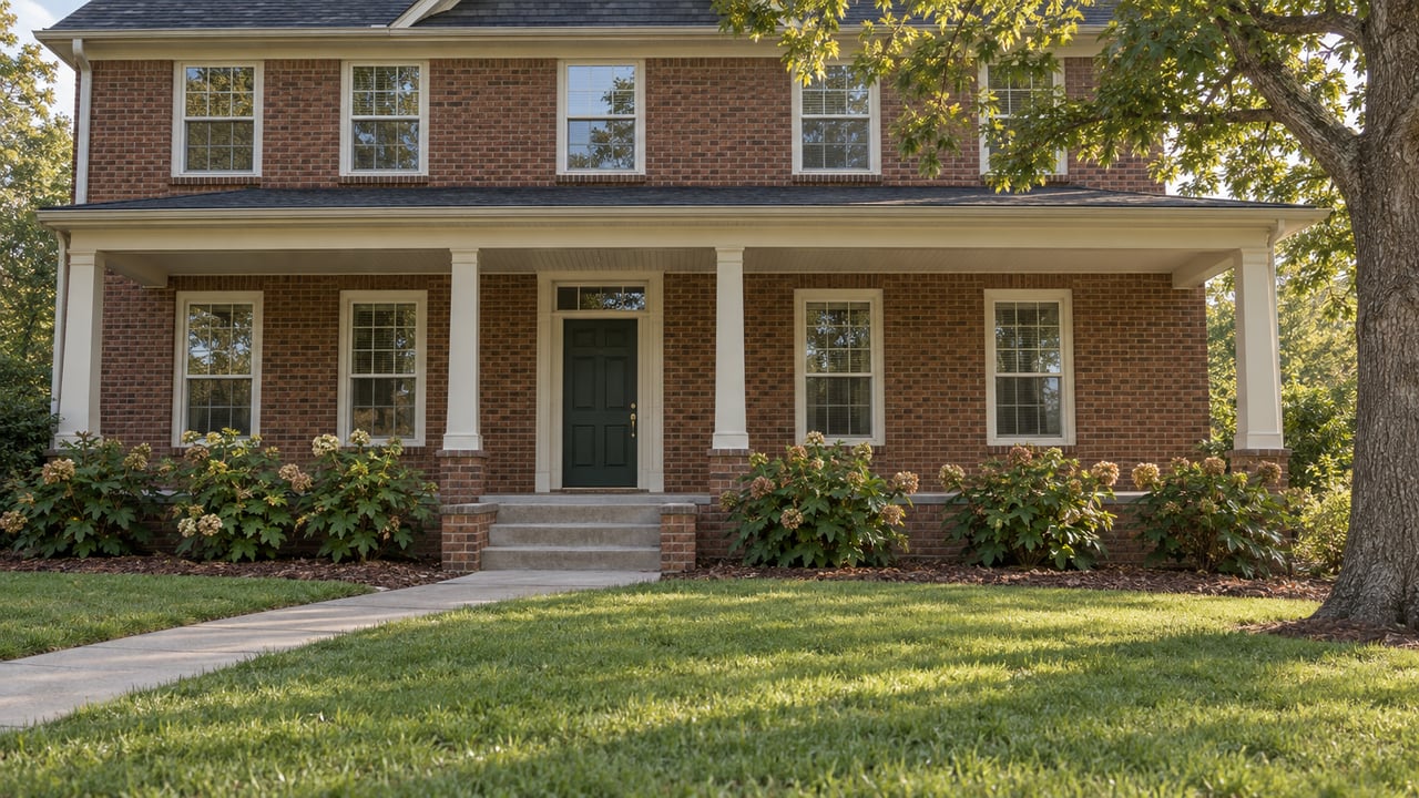 Traditional red-brick two-story home with white porch columns, a broad front lawn and a mature oak.