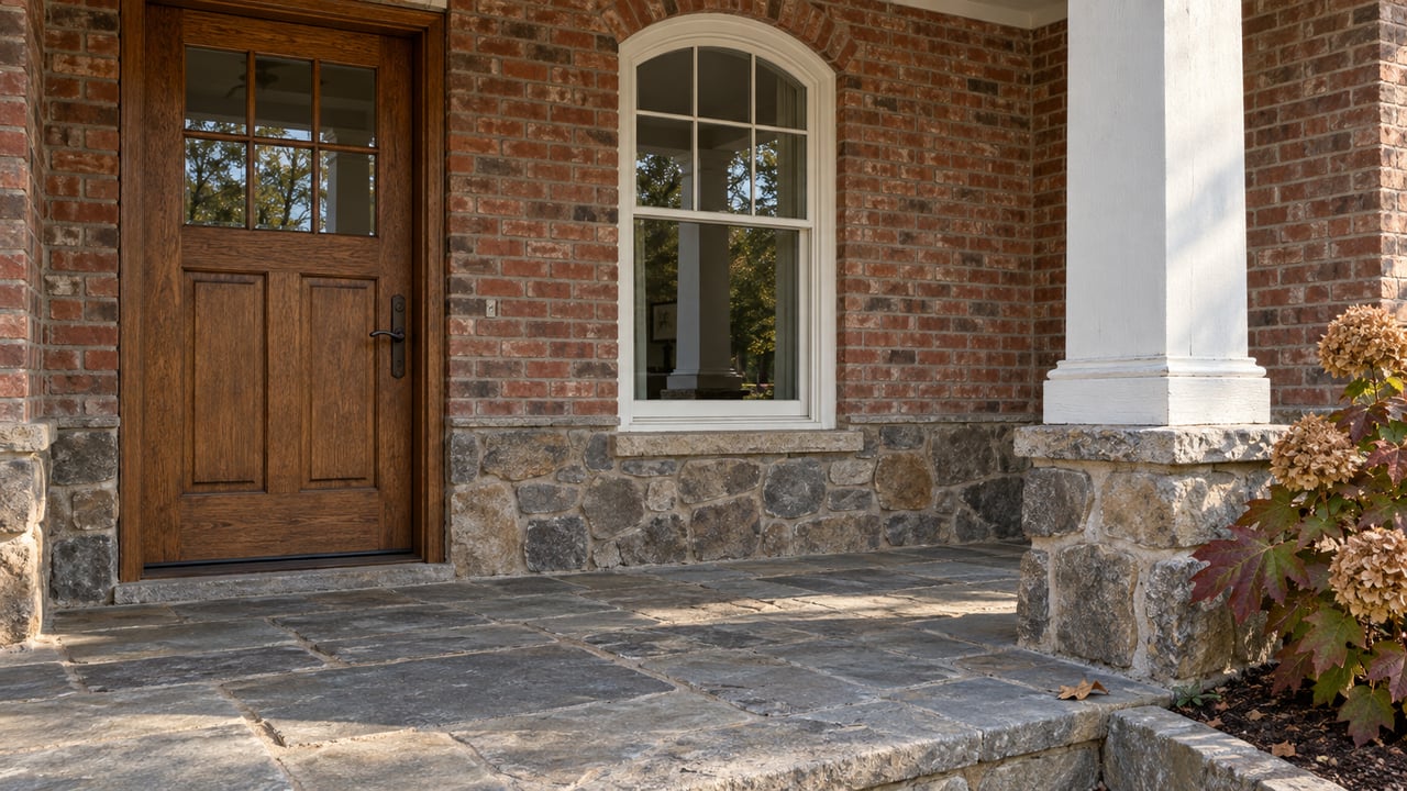 Sunlit brick and fieldstone porch with an oak entry door, arched window and autumn oakleaf hydrangea.