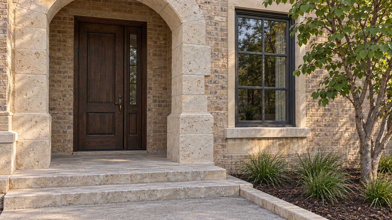 Pale limestone arch around a dark oak front door, beside a divided-light window and a carefully planted redbud.