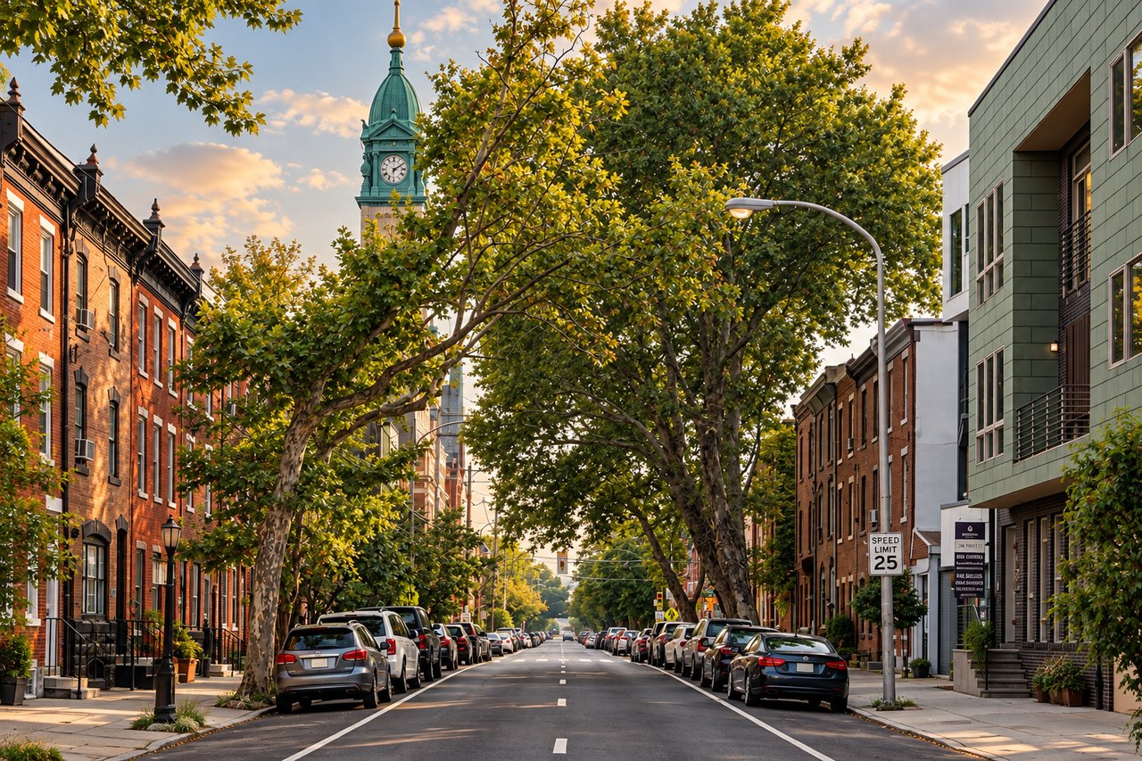 Tree-lined Olde Kensington street with brick rowhouses, parked cars, and a clock tower.