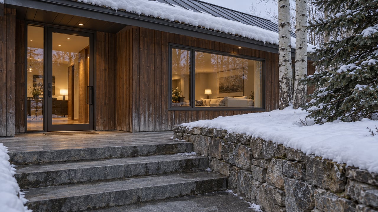 Snow-covered metal roof above a cedar-clad home with glowing enclosed windows, grey stone entry steps and a stone retaining wall.