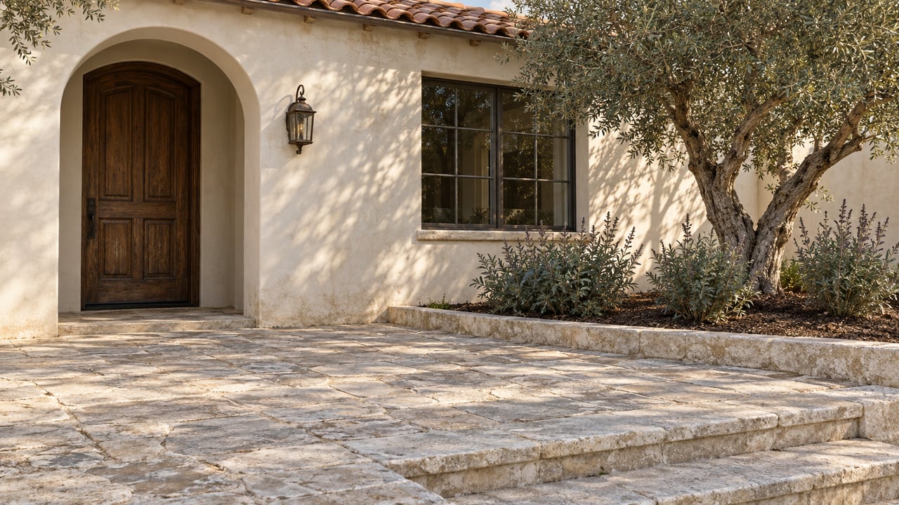 Sun-warmed stucco entry with an arched wood door, limestone forecourt and mature olive beside a divided-light window.