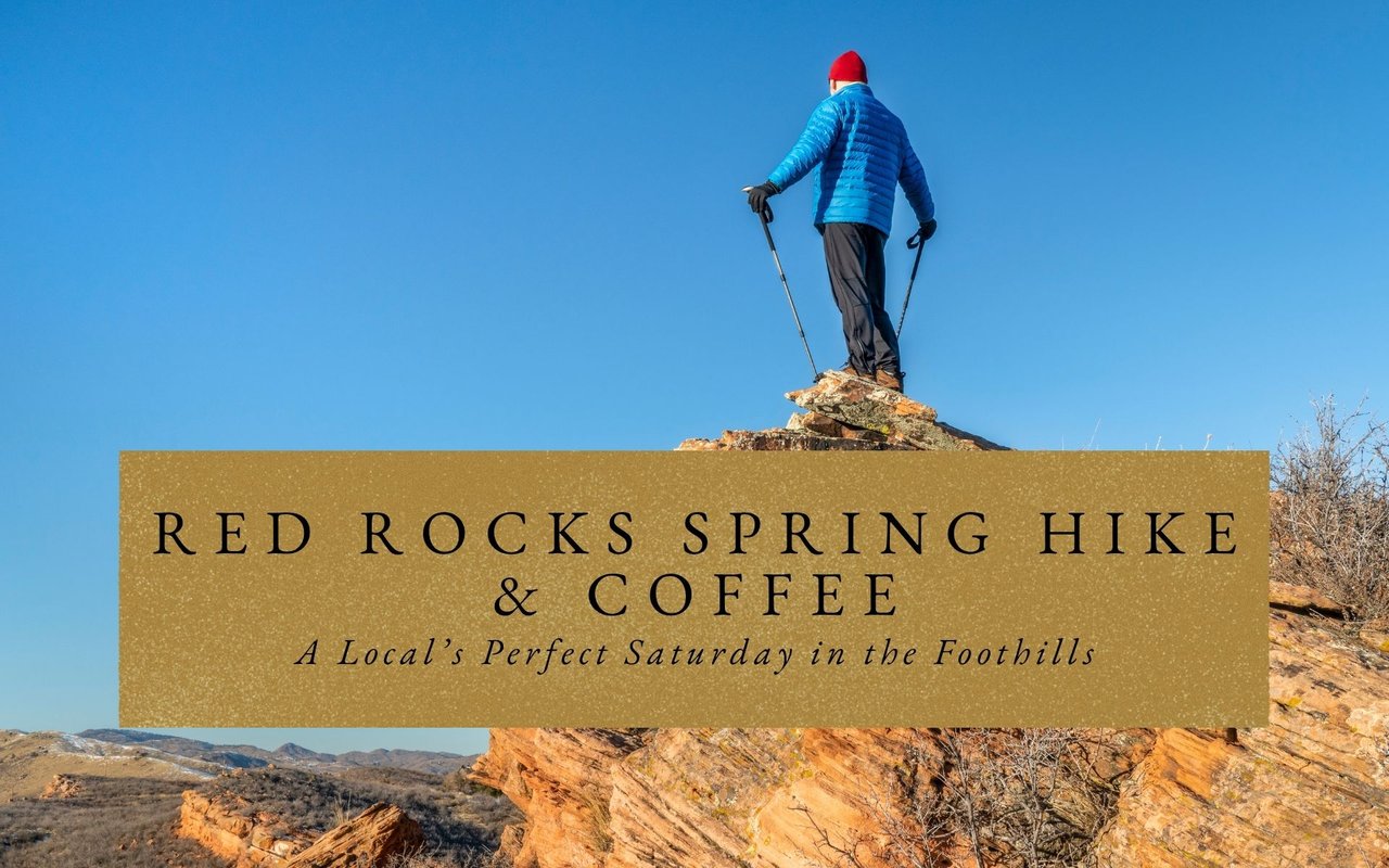 Hikers amid red sandstone on Trading Post Trail at Red Rocks Park, Morrison, CO, spring wildflowers and amphitheater views.