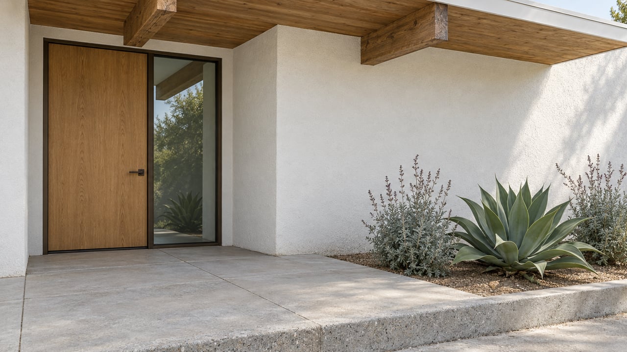 Recessed oak entry beneath exposed timber beams, with white stucco, a pale concrete landing and sculptural drought-tolerant planting.