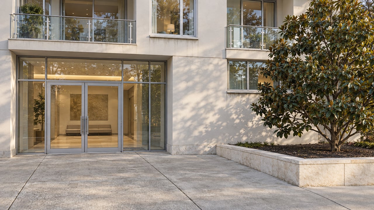 Condominium entrance with paired glass doors, warm-white facade, recessed balconies, and a magnolia in a raised limestone bed.