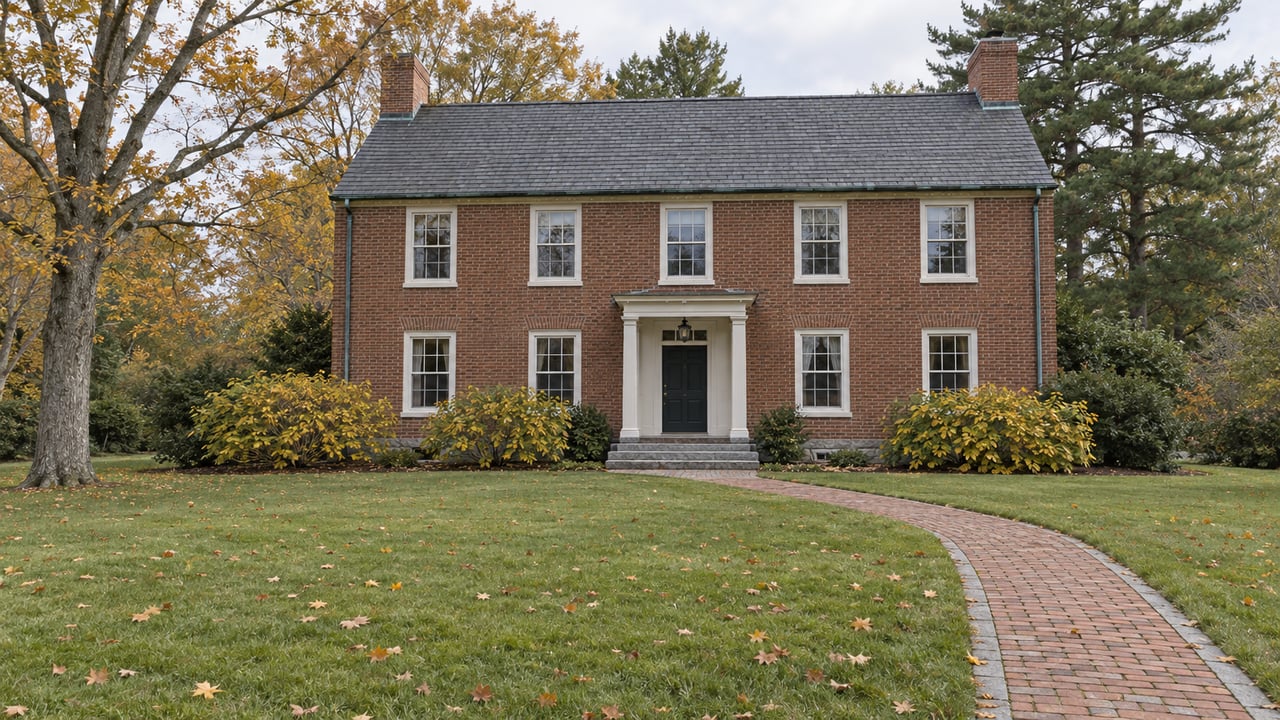 Traditional red brick home beyond a deep autumn lawn, with white sash windows, granite entry steps and a curving brick walk beneath a yellow-leaved maple.