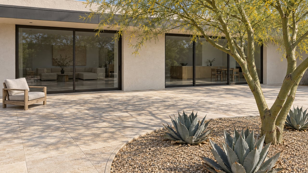 Elevated view of a pale stucco home and limestone terrace with a branching green-trunk tree and three blue-gray agaves in a gravel bed.