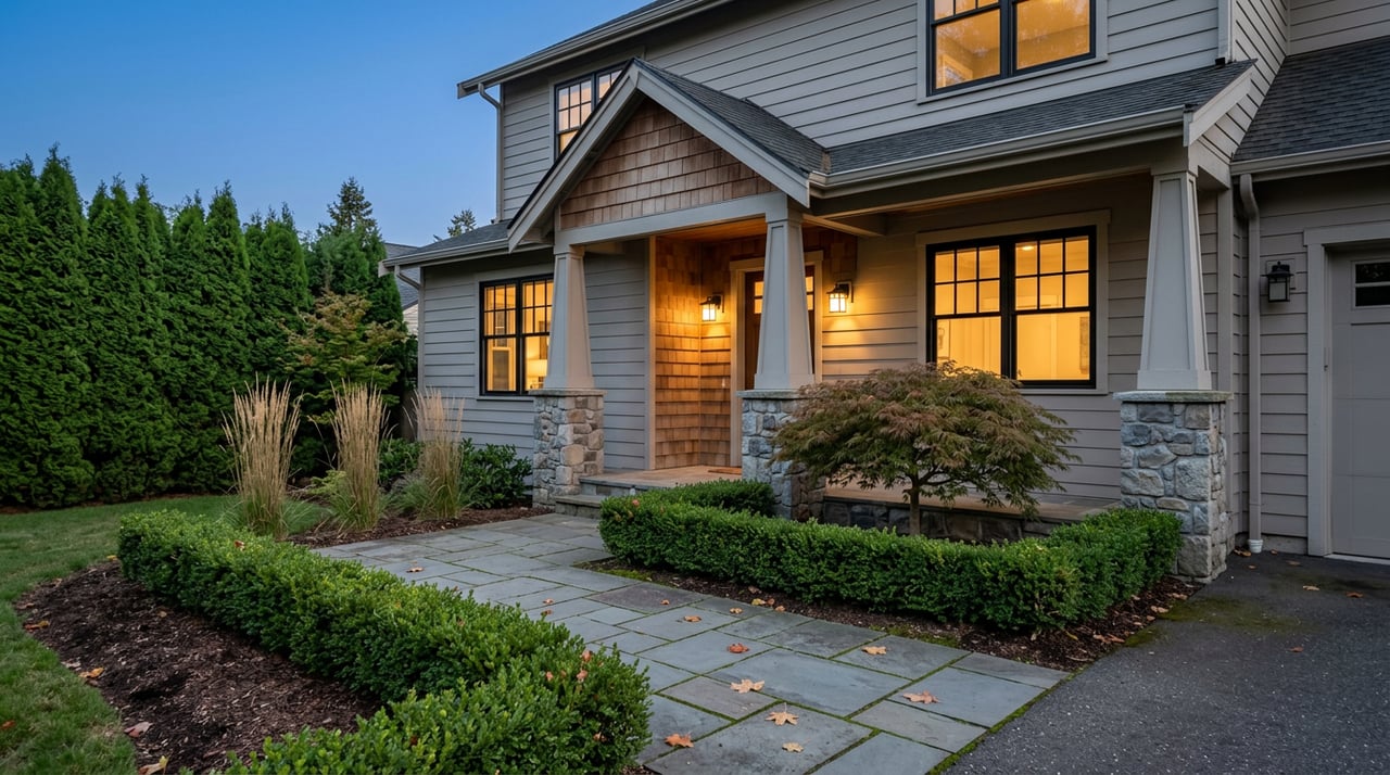 Two-story gray home with a cedar-shake entry gable, glowing windows, stone porch piers, and a maple beside the walk.