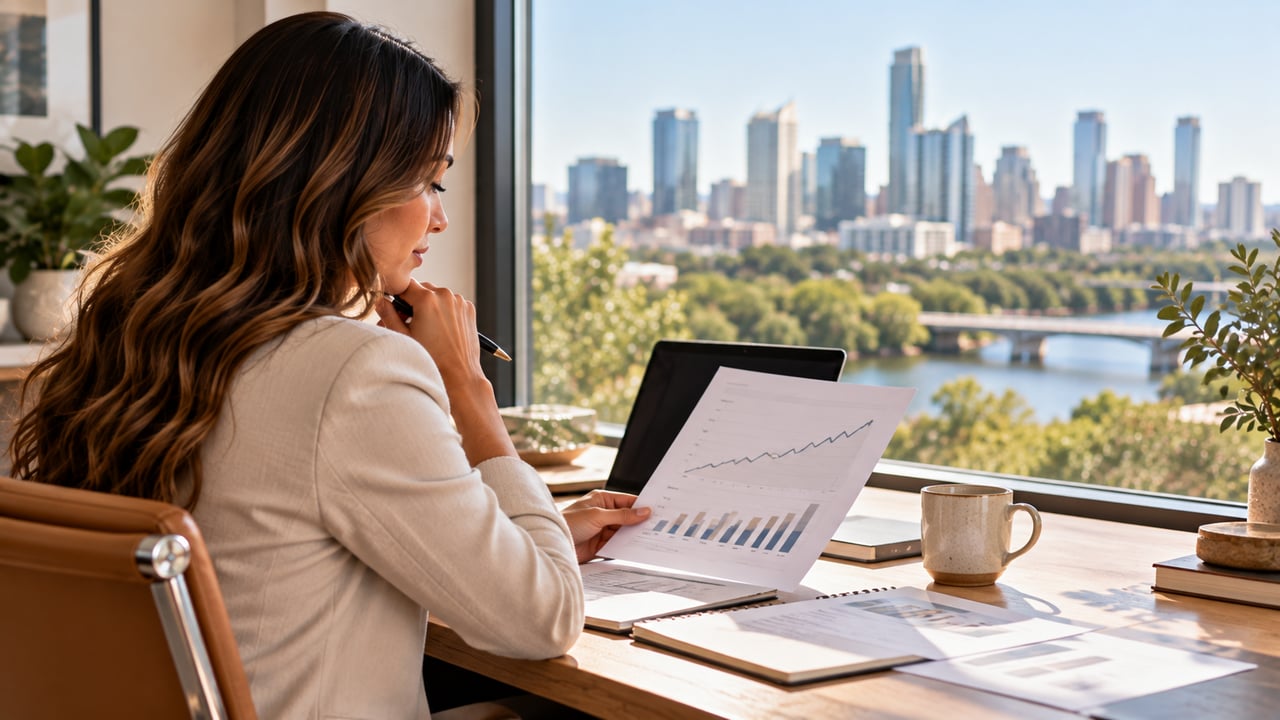 A woman reviews market charts at a desk overlooking a river and city skyline.