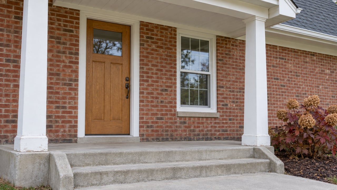 Covered red-brick home entrance with an oak door, white porch posts, concrete steps and burgundy oakleaf hydrangea.