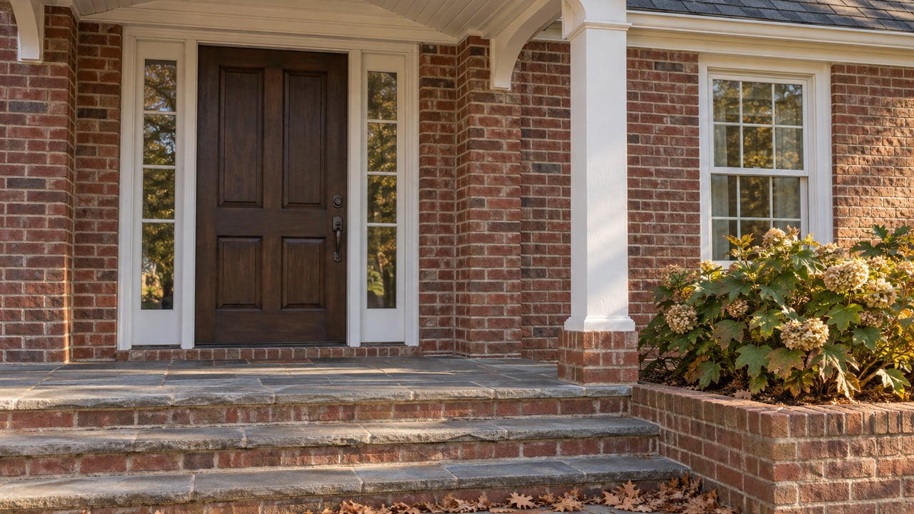 Brick home entrance with a dark timber door, narrow sidelights, broad brick steps, and a hydrangea in a raised bed.