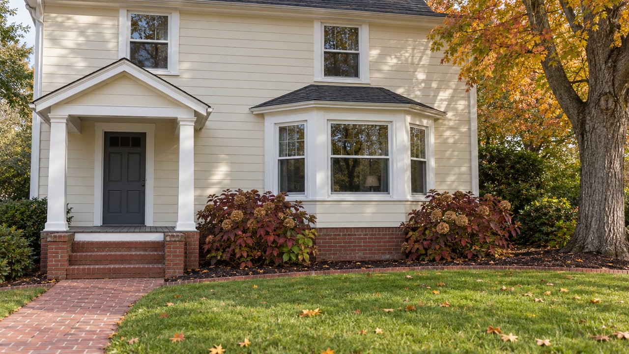 Cream clapboard home with a covered entry, red-brick steps and a bay window overlooking an autumn lawn beneath a gold-and-russet maple.