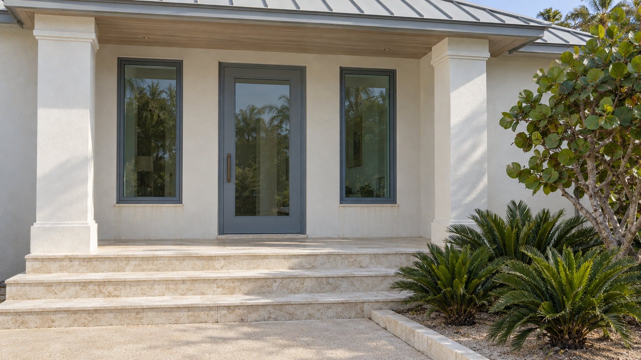 Raised white stucco entry with a pale metal roof, blue-gray glazed door and matching windows, limestone steps, and sea grape and coontie planting.