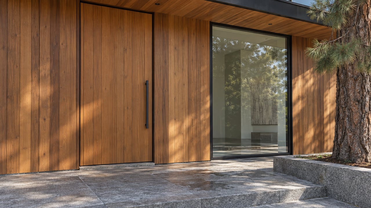 Cedar-clad house entry with a pivot door, tall window, granite landing, and pine trunk at right.