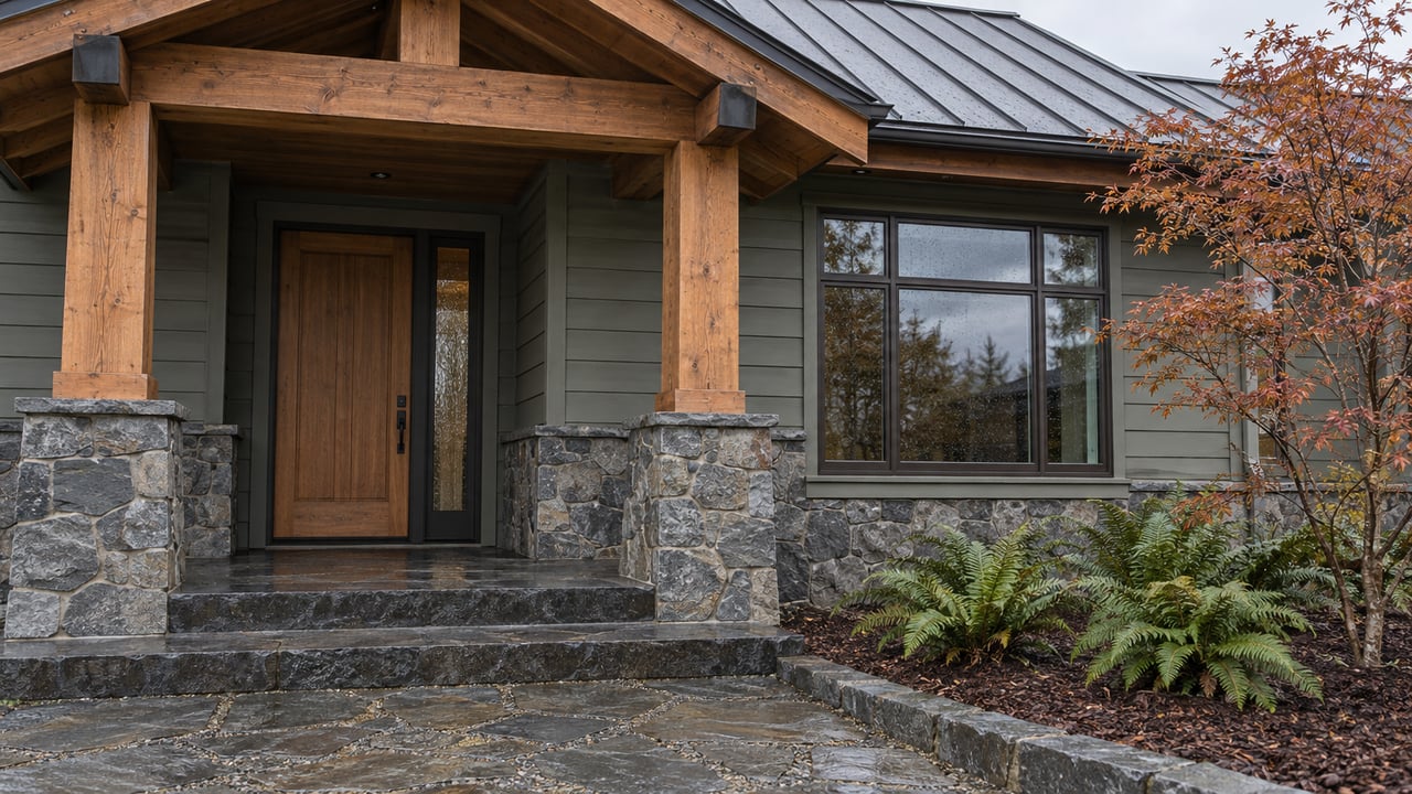 Timber-framed home entrance with gray-green cedar siding, basalt steps and a copper-leaved vine maple in soft winter light.