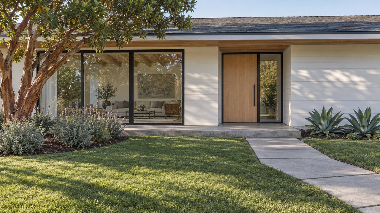 Single-story white-sided home with black-framed glazing, a cedar soffit, concrete garden approach and a mature strawberry tree in afternoon sunlight.