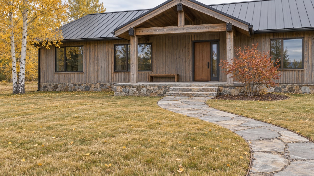 Autumn lawn and stone approach leading to a weathered cedar home with a deep timber porch and golden aspens.
