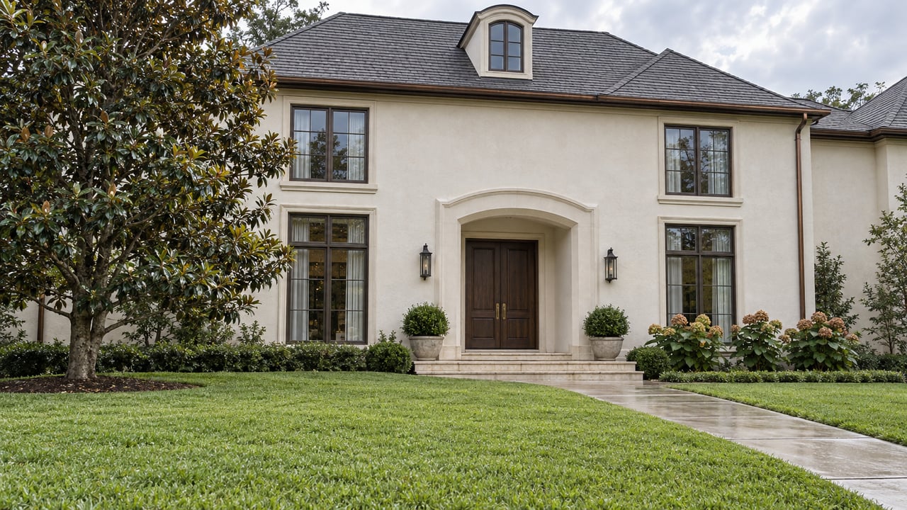Pale masonry home with a dark hipped roof, bronze-framed windows and a recessed oak entrance beyond a deep green lawn.