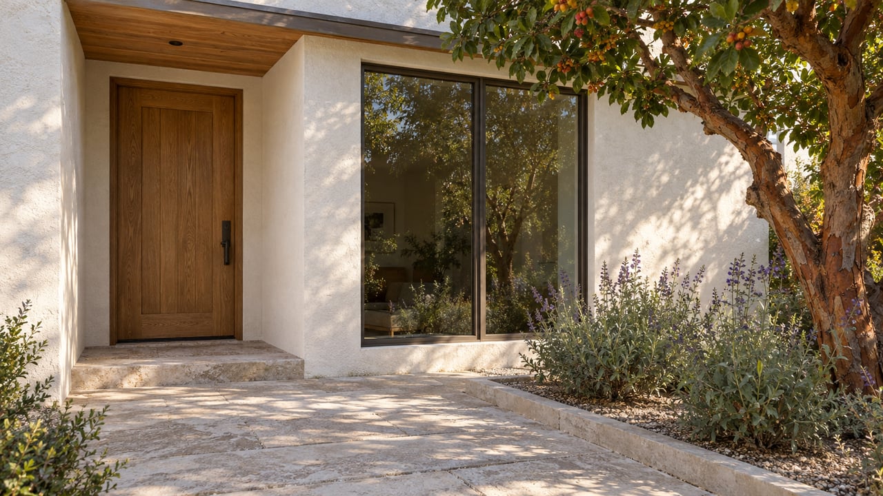 White stucco home with a recessed oak entry, bronze-framed window and limestone approach beside a sculptural strawberry tree.