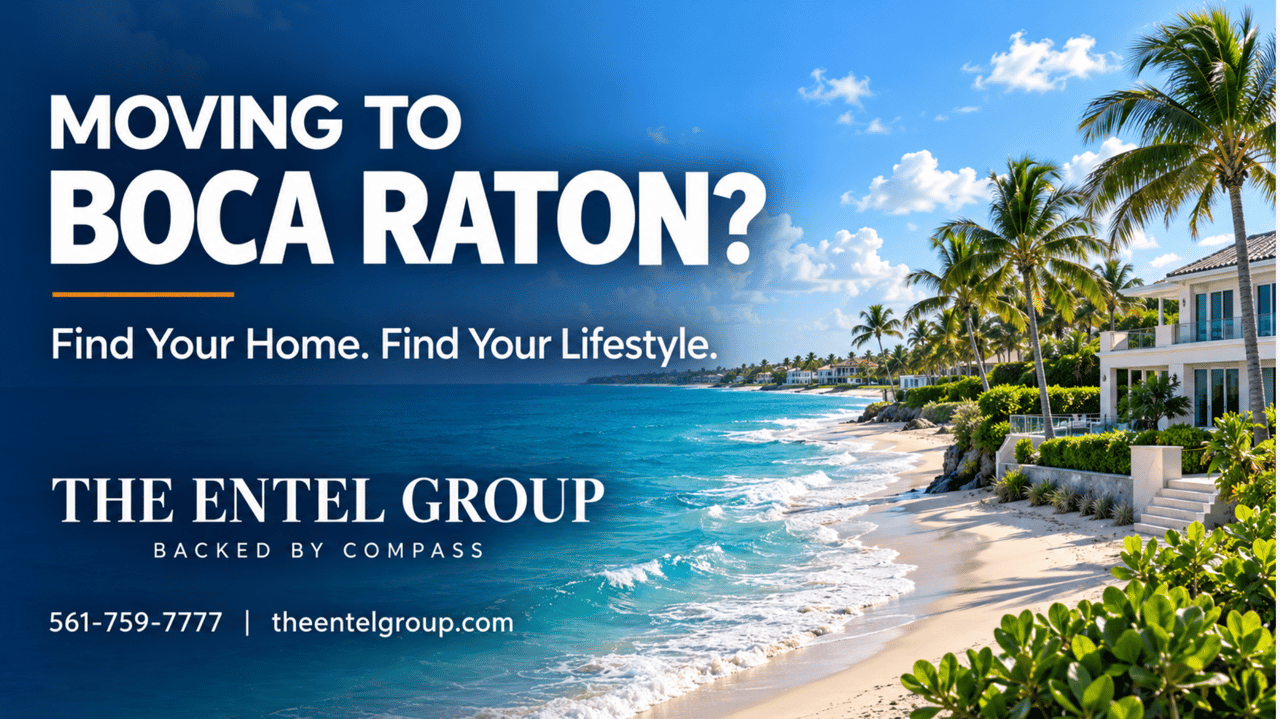 Boca Raton coastline with palm trees and residential buildings beside the Atlantic Ocean.