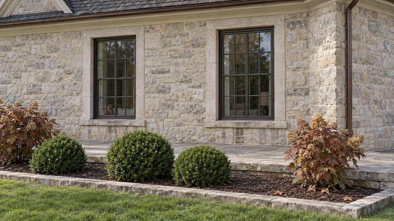 Pale limestone house facade with dark-framed windows, a weathered stone terrace and burgundy oakleaf hydrangeas.