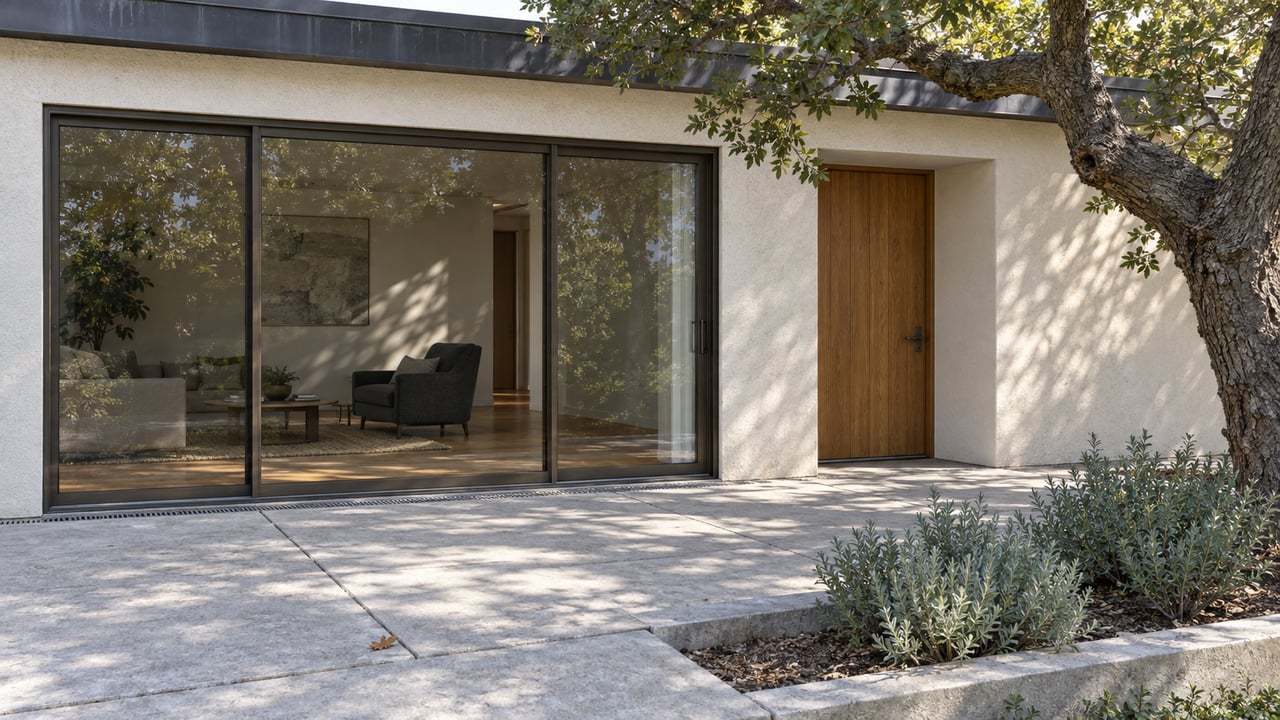 Light stucco home with dark-framed glazing, an oak entrance door and a concrete terrace beside a mature live oak.