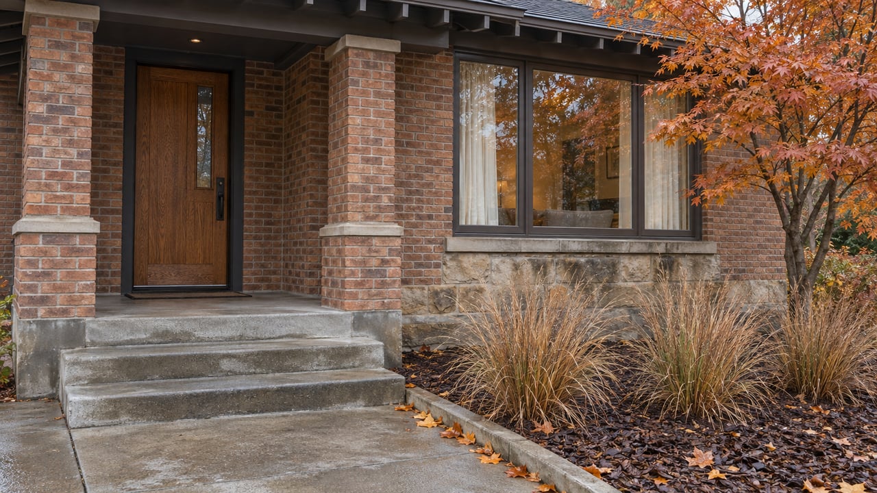 Updated brick bungalow entry with an oak door, concrete steps, and copper-orange maple foliage after autumn rain.