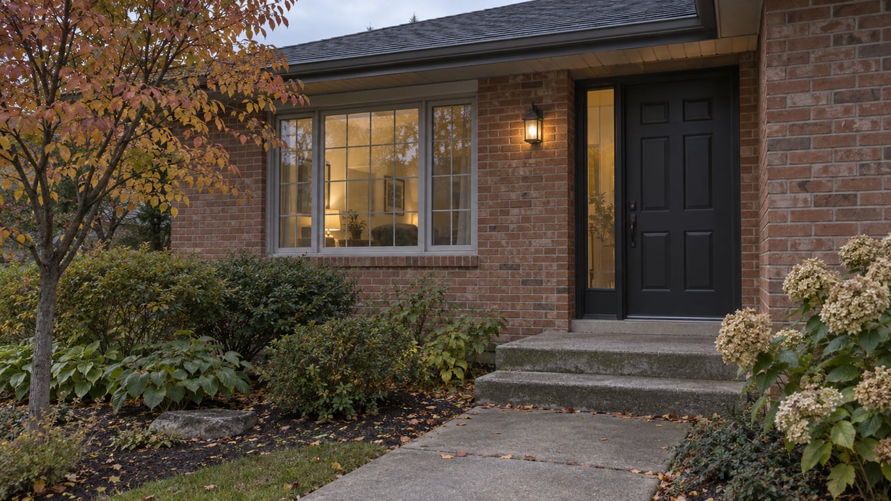 Brick home’s recessed wood entry and divided-pane window, framed by autumn shrubs and worn concrete steps.
