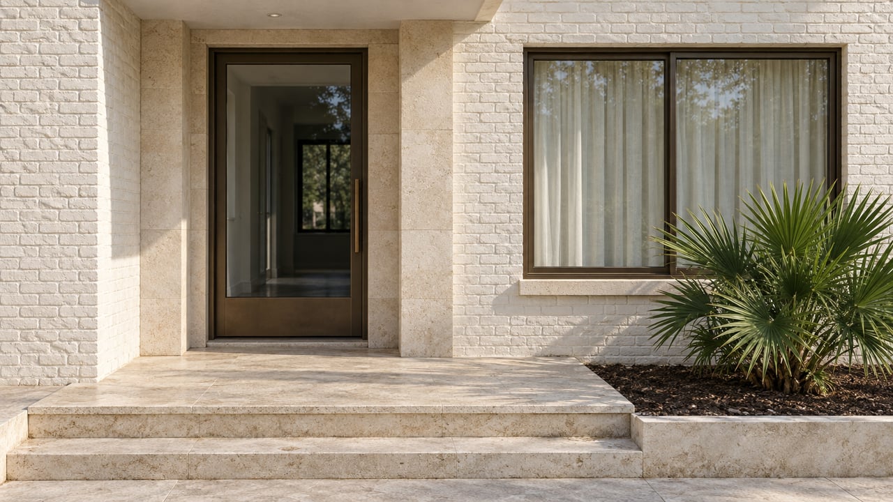 Modern home entrance with pale stone steps, a dark glass door, and a palm-like shrub.