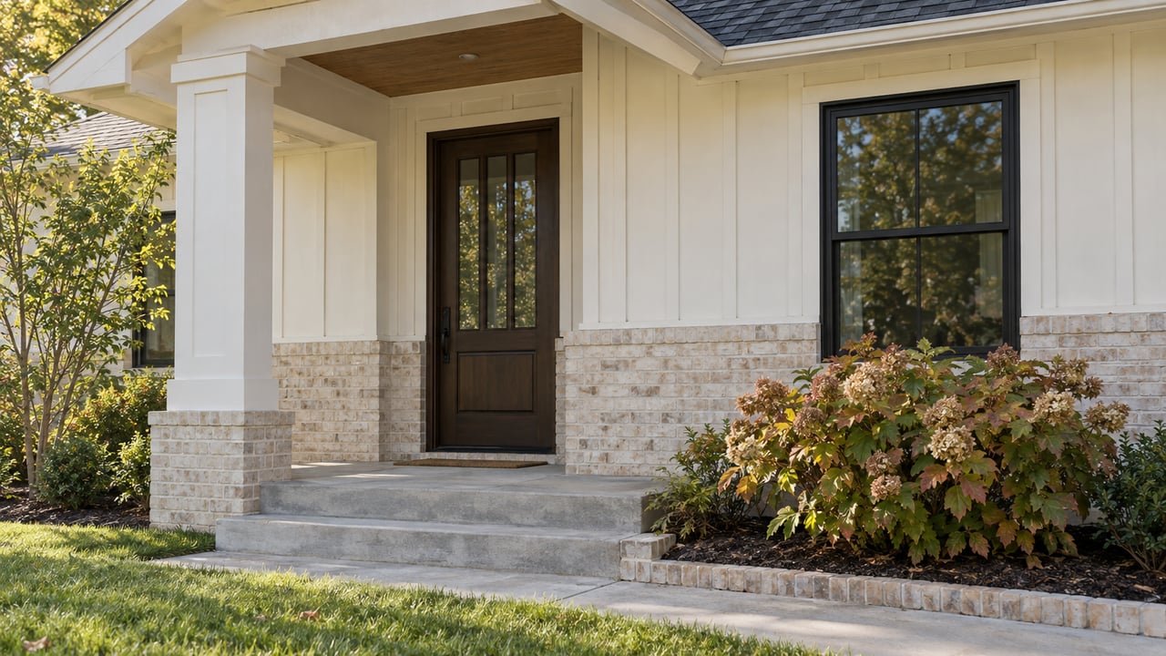 Detached house entry with a dark three-pane door, pale brick, and oakleaf hydrangea beside concrete steps.