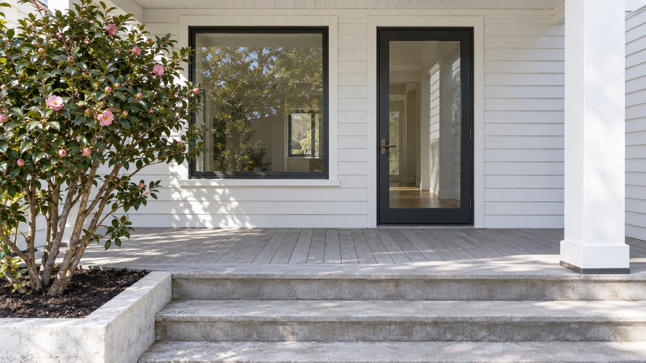 A white clapboard home's covered entry with dark-framed glazing, pale timber decking, broad concrete steps, and a glossy-leaved camellia.