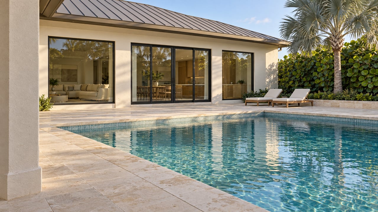 Cream-stucco residence with black-framed windows, a pale-stone pool terrace, teak loungers and a silver palm in warm afternoon light.