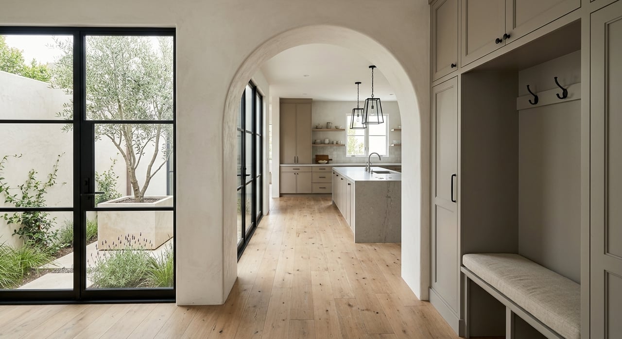 Oak-floored entry with built-in mudroom cabinets, steel-framed glass door, and arch framing a kitchen island.