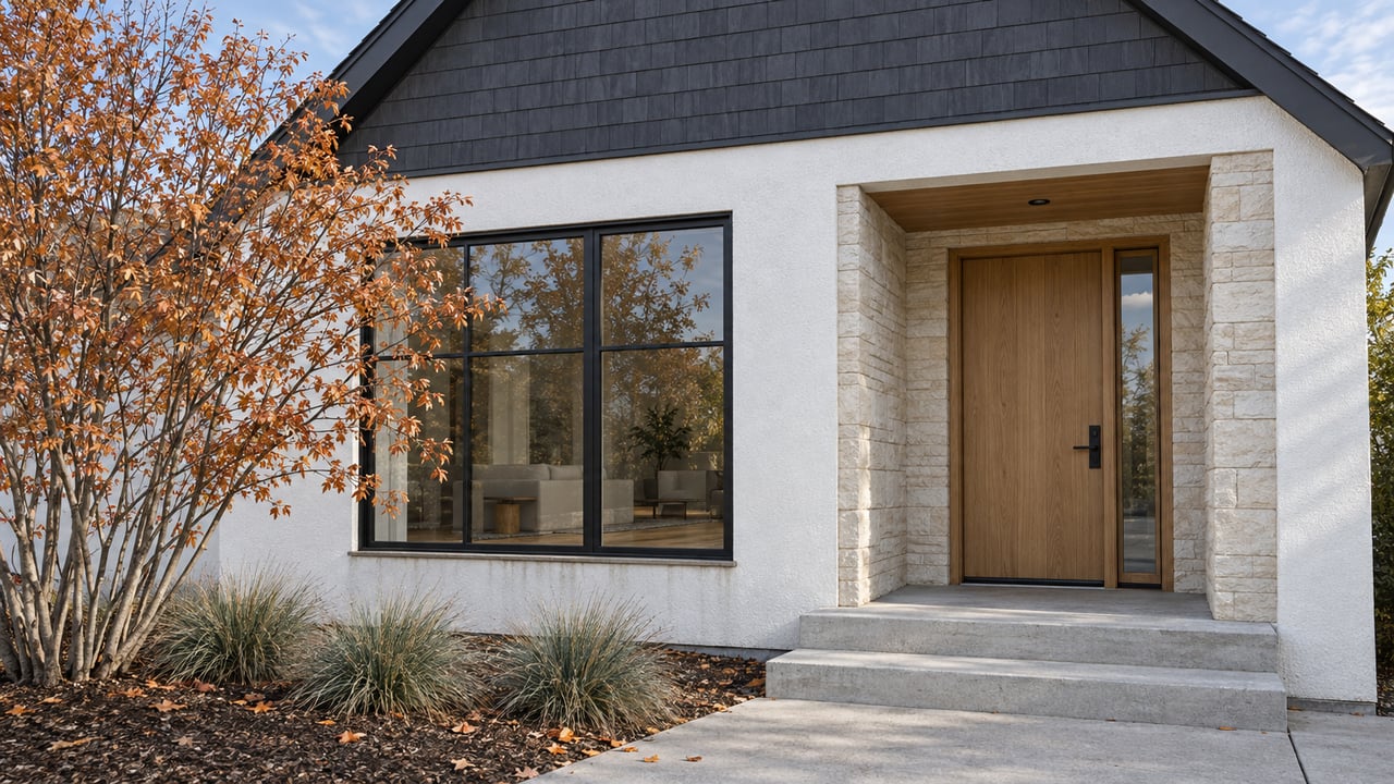 White stucco and charcoal-shingled home with a recessed limestone entry, oak door, and copper-leaved serviceberry beside concrete steps.