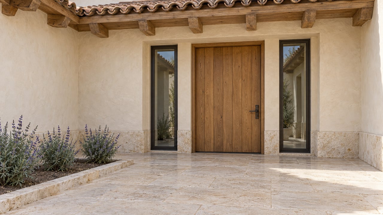 Covered home entrance with a tall wooden door, curved tile roof, and stone paving.