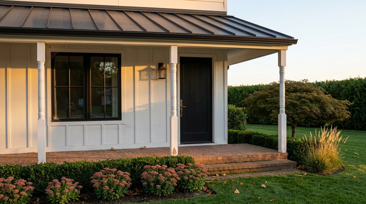 Covered porch with white siding, charcoal metal awning, black door, brick floor, and a Japanese maple beside the steps.