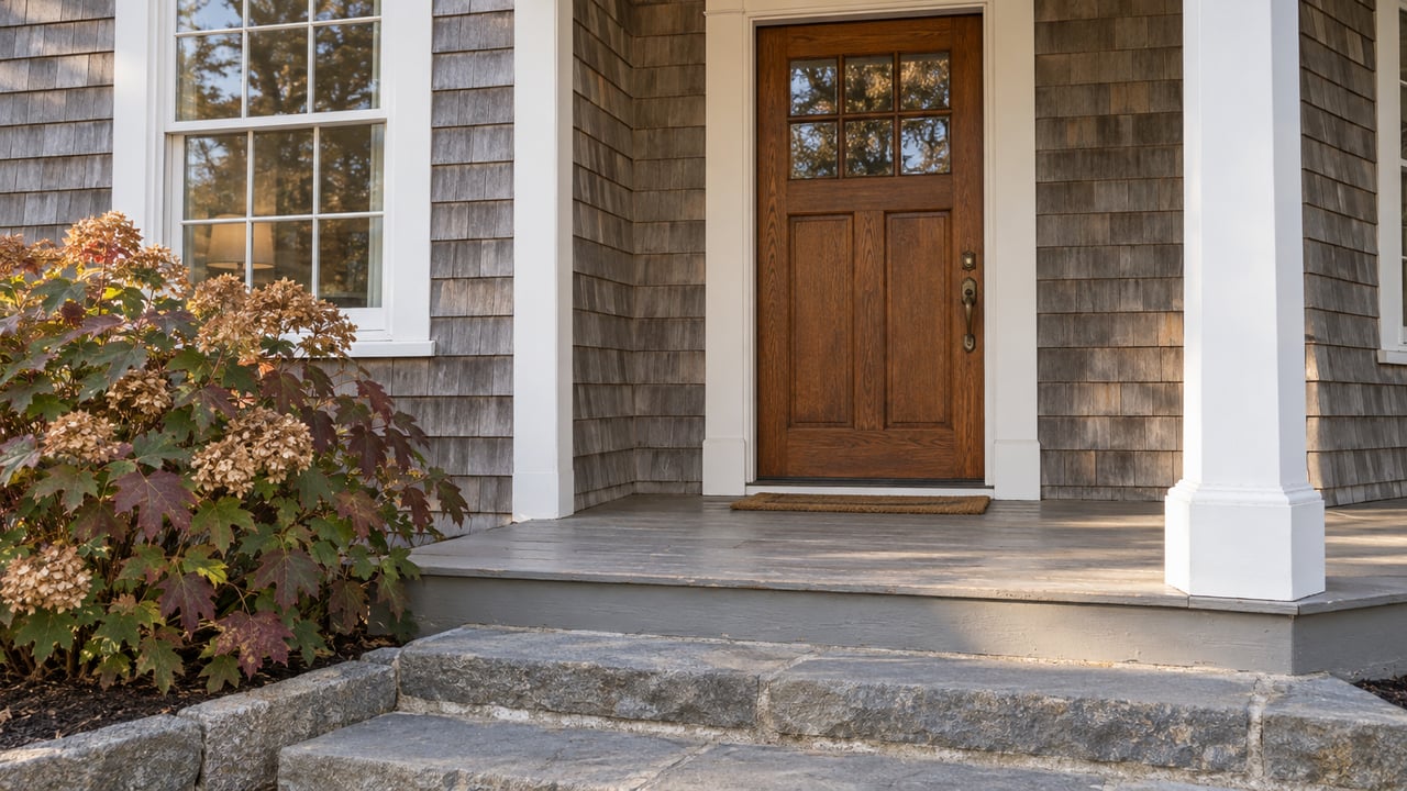 Weathered cedar-shingle entry with a glazed oak door, white porch column, bluestone steps and autumn oakleaf hydrangea.